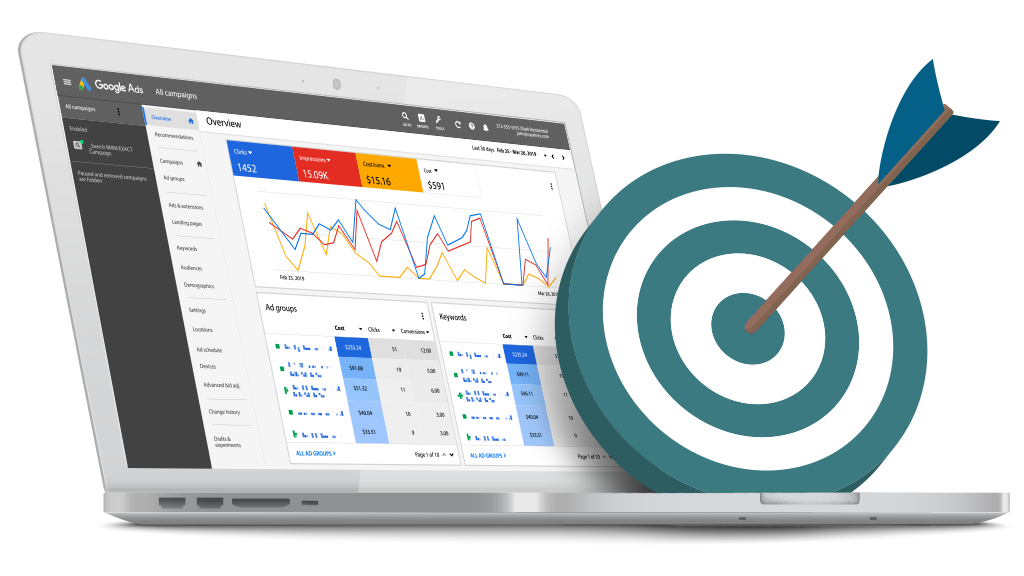 Laptop showing paid advertising statistics and results with an illustrated bullseye