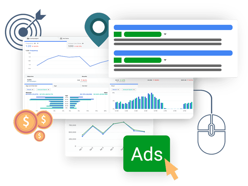 Montage of screens showing pay per click advertising data and icons representing digital paid advertising