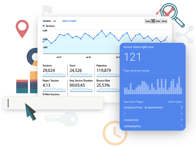 Montage of screens showing analytics data and icons representing search engine optimization